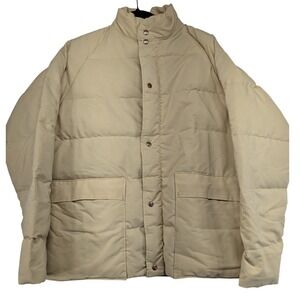 Vintage Mountain Trails Puffer Jacket Beige Quilted Button Snap Collar Size M